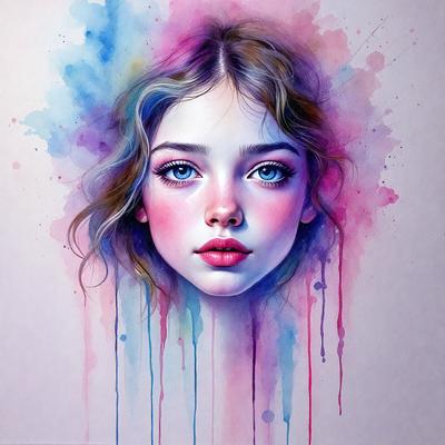 The primary subject of the image is a woman's face, which is the main focus of the image. The setting is a colorful background, which adds to the overall visual style of the image. The colors and mood of the image are vibrant and lively, with a mix of blue, pink, and purple hues. The woman's face is depicted in a painting or drawing, giving the image a unique and artistic appearance.